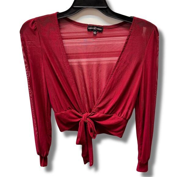 Almost Famous Women's Red Tie Front Long Sleeve Sheer Top Size S - Picture 1 of 6